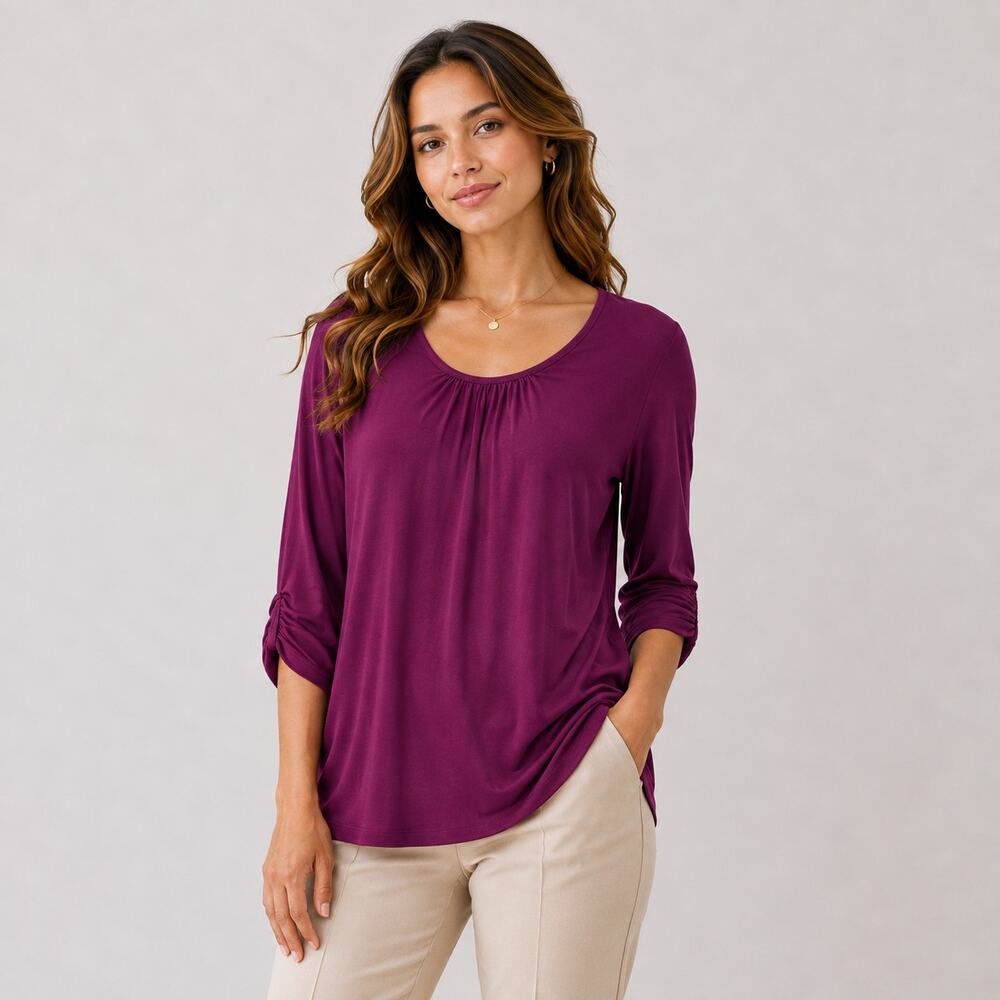 Susan Graver Liquid Knit Blouse Women's Size L Plum Minimalist Casual Office